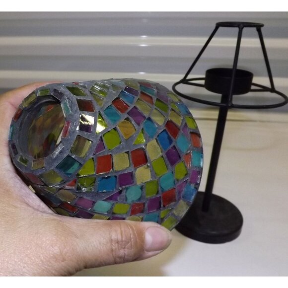 Mosaic Glass Table Votive Lamp Multicolor Stained Glass Shade Metal Base - Picture 12 of 13
